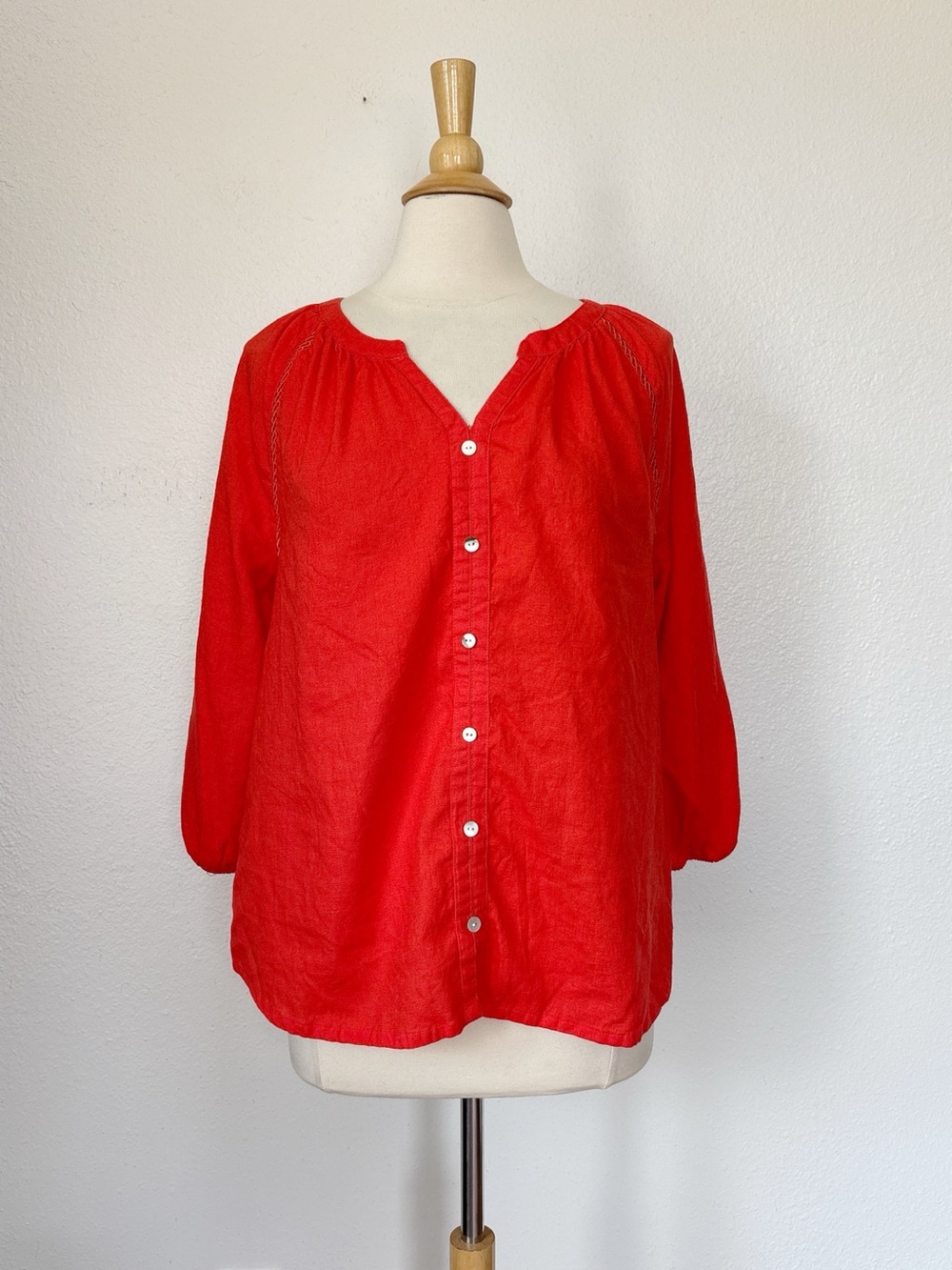 Solid Orange Linen Blend V-Neck Long Sleeve Cut Out Blouse